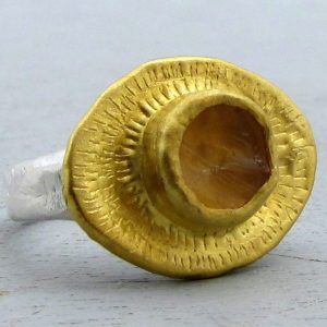 Oval rough Citrine eye 24k gold ring