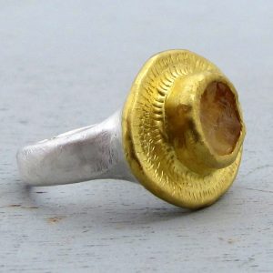 Oval rough Citrine eye 24k gold ring