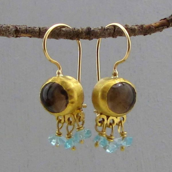 Dangle Smoky Topaz and Apatite 24k gold earrings