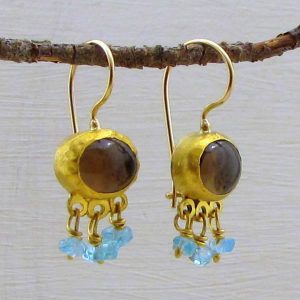 Dangle Smoky Topaz and Apatite 24k gold earrings