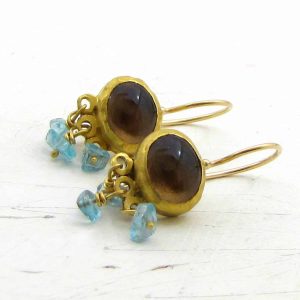 Dangle Smoky Topaz and Apatite 24k gold earrings