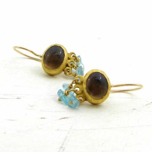 Dangle Smoky Topaz and Apatite 24k gold earrings