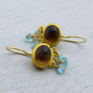 Dangle Smoky Topaz and Apatite 24k gold earrings