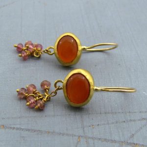 Carnelian & Tourmaline dangle 22 karat gold earrings