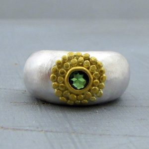 24 karat gold and silver green Tourmaline ring