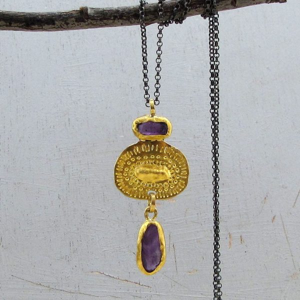 Rough Amethyst 24 karat gold pendant & silver necklace