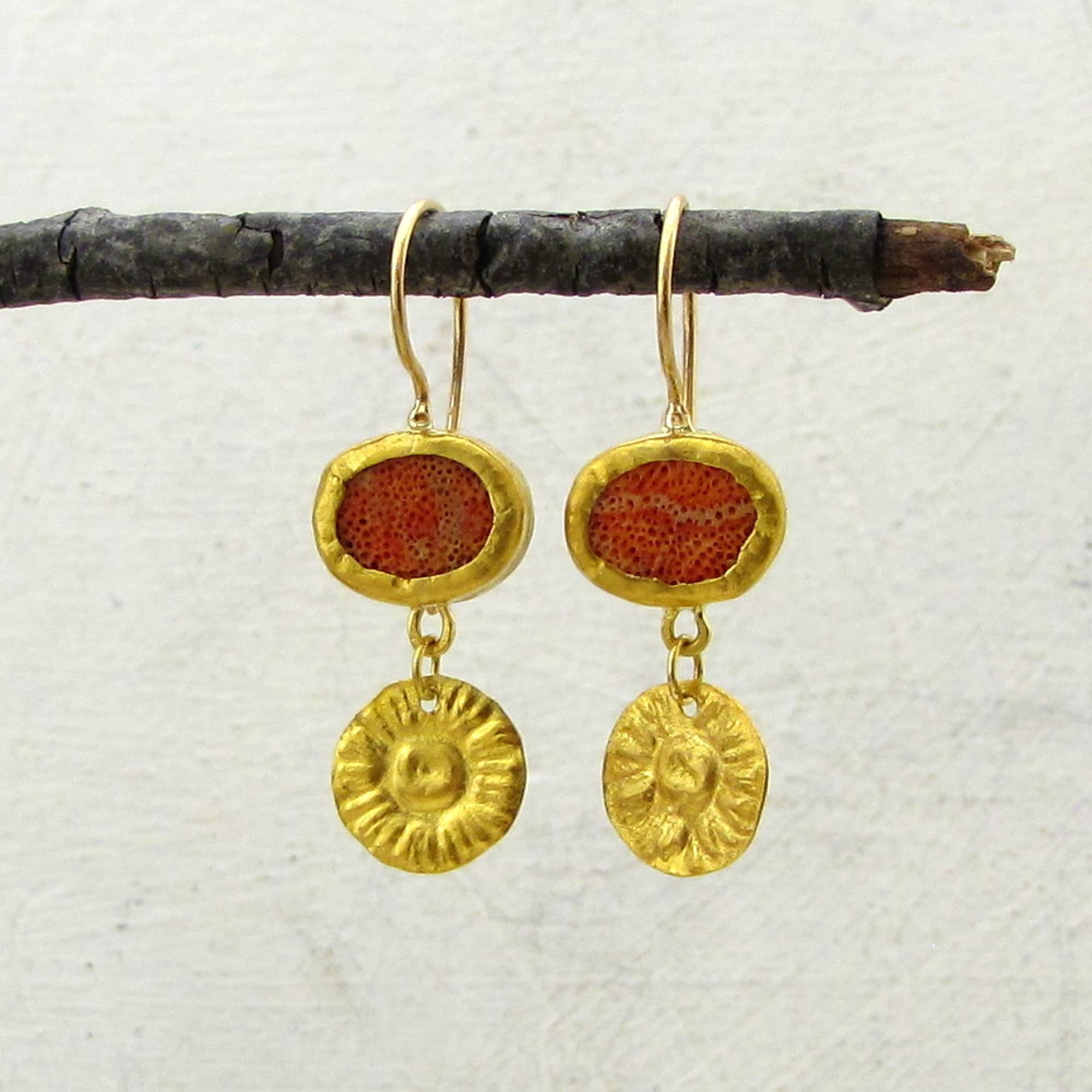 Dangle red gemstone fine gold earrings