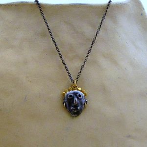 Artisan sculpted face 22k gold and silver pendant necklace