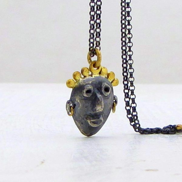 Artisan sculpted face 22k gold and silver pendant necklace