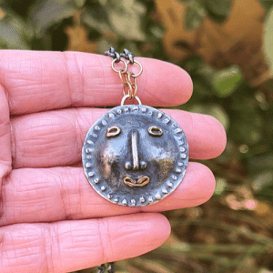 Handmade artisan Face silver & 14k gold necklace