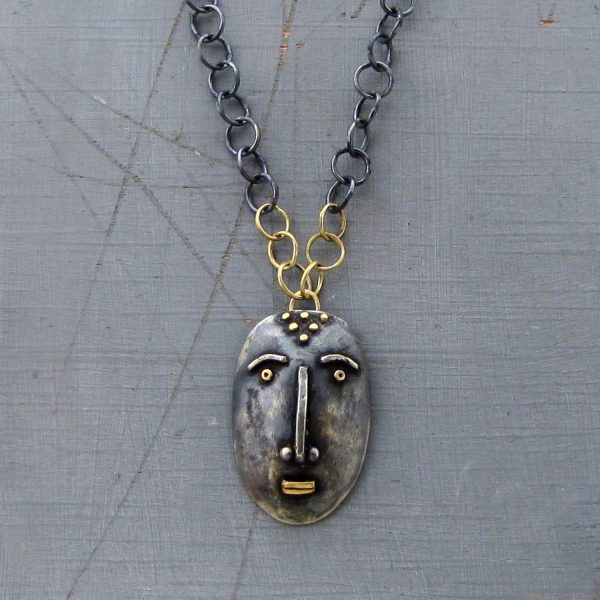 Handmade artisan face silver & 14 karat gold necklace