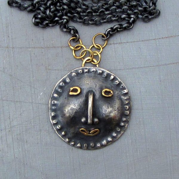 Handmade artisan Face silver & 14k gold necklace