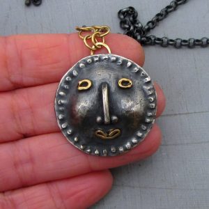 Handmade artisan Face silver & 14k gold necklace