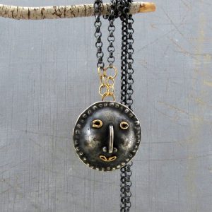 Handmade artisan Face silver & 14k gold necklace