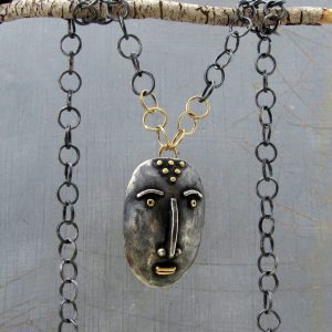 Handmade artisan face silver & 14 karat gold necklace