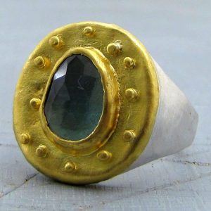 Oval Blue Topaz 24k gold signet ring