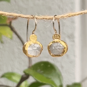 Dangle raw white Topaz pure gold earrings