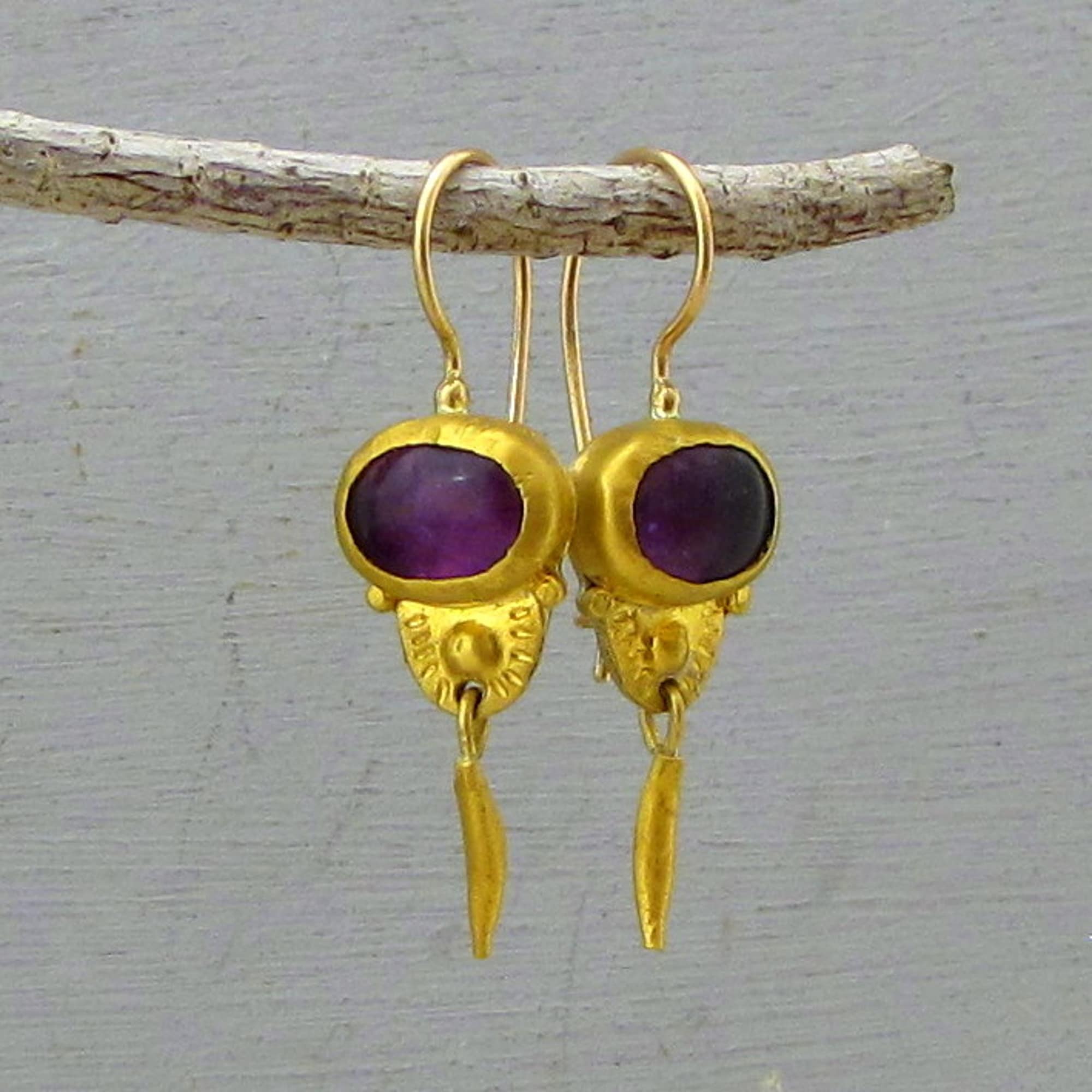 Dangle Amethyst 24k gold earrings