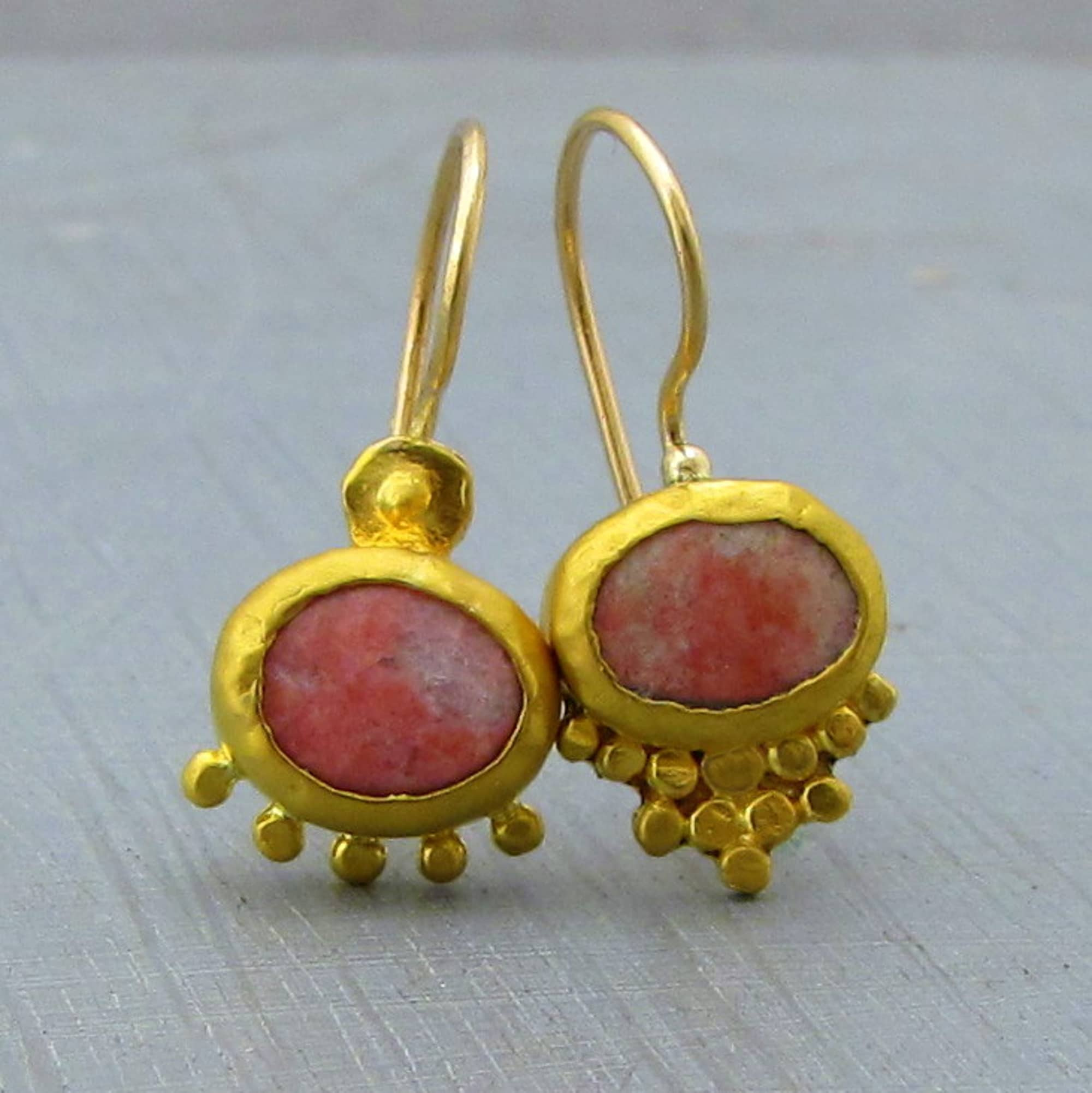 Asymmetrical Thulite 24K gold earrings