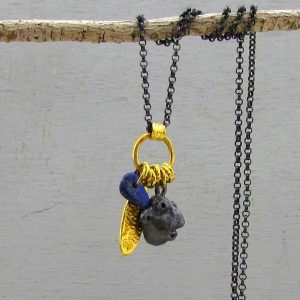 Lapis Lazuli, silver and 24k Gold face necklace