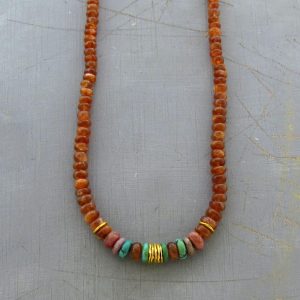 Sunstone Turquoise Ruby beads necklace with 24k gold pendant