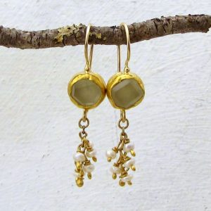 Dangle Pearls and Prehnite 22k gold earrings