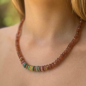 Sunstone Turquoise Ruby beads necklace with 24k gold pendant