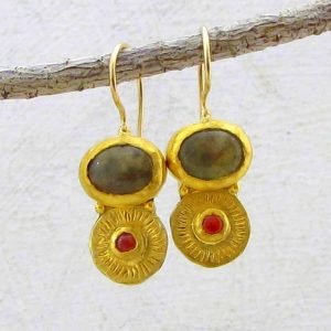 Handmade Bloodstone and Garnet 24 karat gold earrings