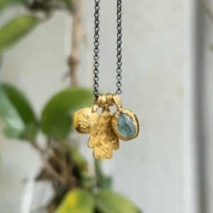 Rough Apatite and Hamsa 24k gold pendants necklace