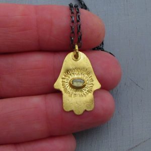 Aquamarine 22k gold Hamsa pendant necklace