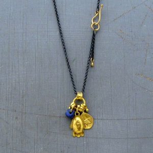 22k gold Hamsa and Star of David medallions necklace