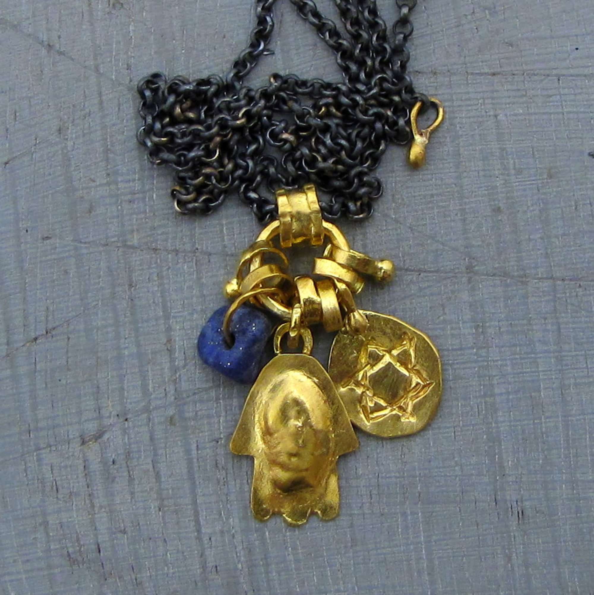 22k gold Hamsa and Star of David medallions necklace