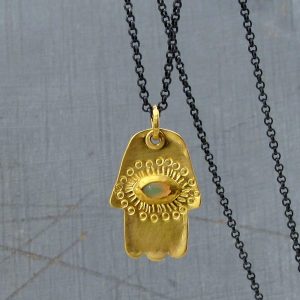 Opal 22k gold Hamsa pendant necklace