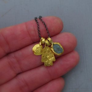 Rough Apatite and Hamsa 24k gold pendants necklace