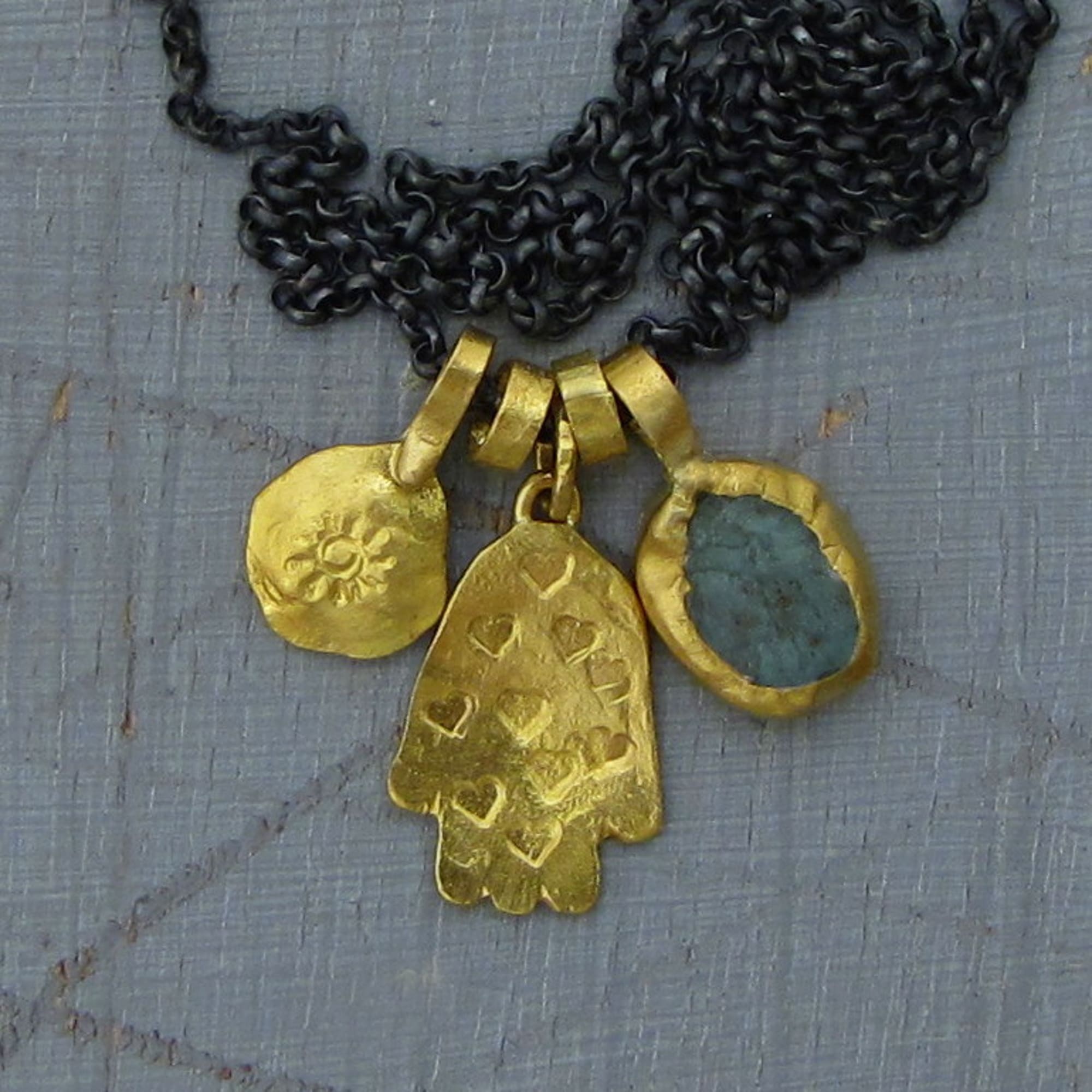 Rough Apatite and Hamsa 24k gold pendants necklace