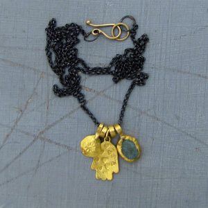 Rough Apatite and Hamsa 24k gold pendants necklace