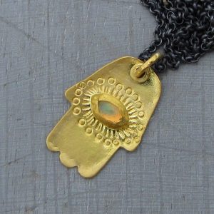 Opal 22k gold Hamsa pendant necklace