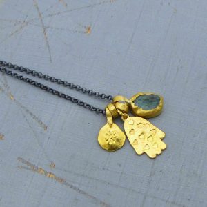 Rough Apatite and Hamsa 24k gold pendants necklace