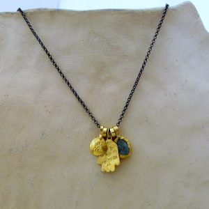 Rough Apatite and Hamsa 24k gold pendants necklace