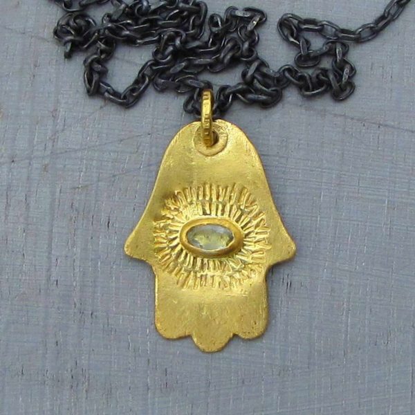 Aquamarine 22k gold Hamsa pendant necklace