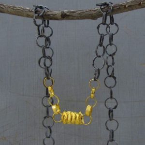 22K Gold cylinder and Silver links necklace