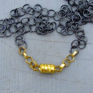 22K Gold cylinder and Silver links necklace