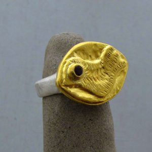 24k Gold Ring Bird with a red Garnet eye