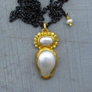 Ethnic Pearls 24k gold pendant and silver necklace