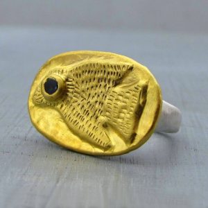 Oval Blue Topaz Bird 24k gold ring