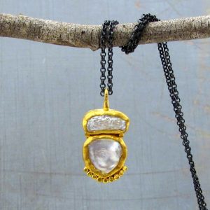 Pearls 24k gold pendant & silver necklace