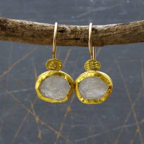 Dangle raw white Topaz pure gold earrings