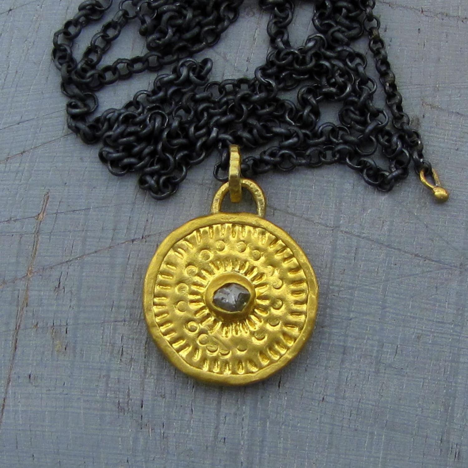 Rough gray Diamond 24k gold pendant