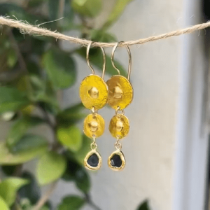 Long Onyx dangle 24k gold earrings