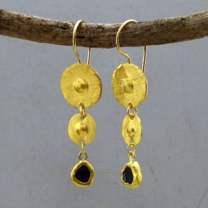 Long Onyx dangle 24k gold earrings